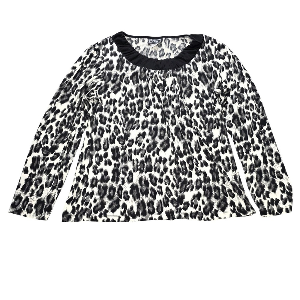 Southern Lady Leopard Print Blouse Women's Size L Grey Black Pleated Scoop Neck